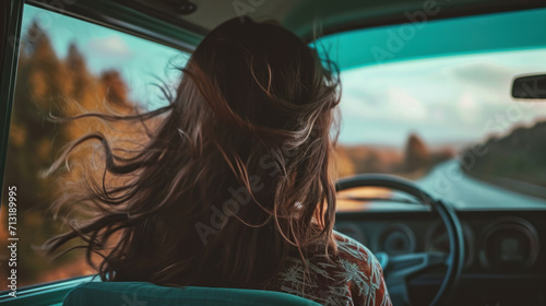 Young woman driving a retro car, rear view. The traveler enjoys the road by car, her hair flutters in the wind, she feels freedom. Vacation, adventure concept.