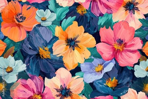 A painting of vibrant flowers on a soothing blue background. Perfect for adding a pop of color to any space #713190753