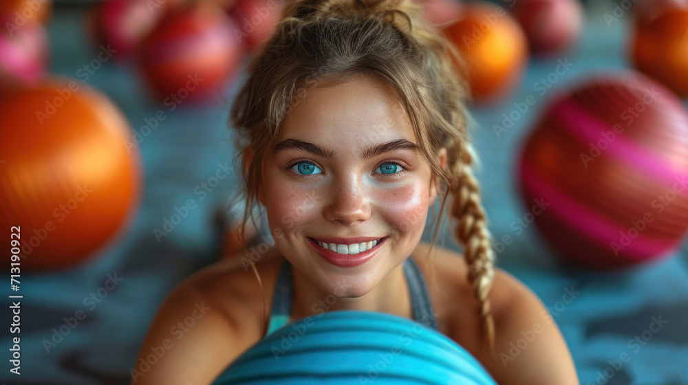 Portrait of a happy woman in the fitness room with a fitness ball or medicine ball. Cute woman working out with a fitness ball in the gym. Concept of sport, health. Portrait of a happy woman in the fitness room with a fitness ball or medicine ball. Cute woman working out with a fitness ball in the gym. Concept of sport, health.
