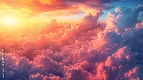 Witness a heavenly symphony as the sun bids adieu above the clouds. A wide-format portrayal of hope and serenity. Generative AI crafts divine landscapes.