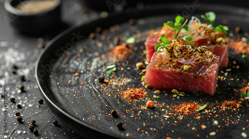 Creative Michelin-starred dish, bluefin tuna with spices, black ceramic tableware, rustic, Japanese style. 