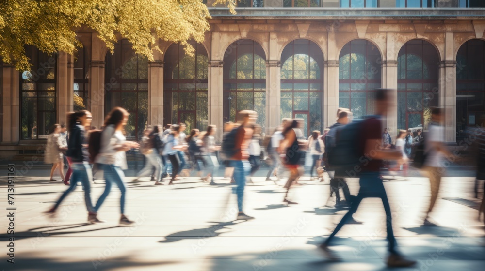 Obraz premium Crowd of students walking through a college campus on a sunny day