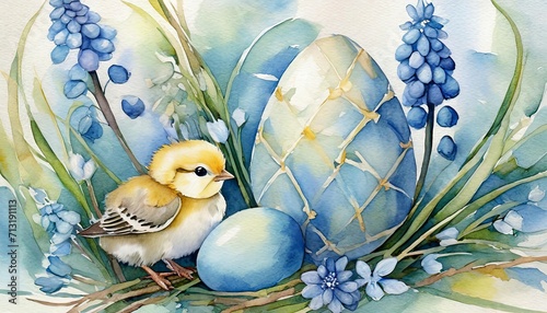 Canvas Print The watercolor of easter decoration with eggs and chicks