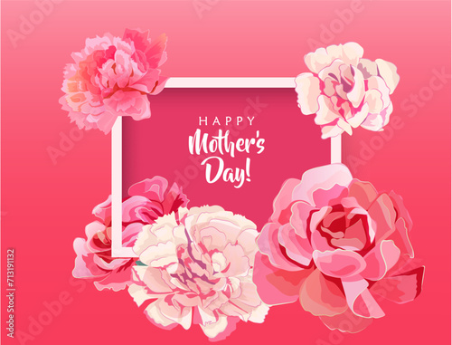 Rectangular congratulations card for Mother's Day. Angular frame with pink, red, white carnation flowers on bright background. Template for mother greeting. Realistic illustration in watercolor style