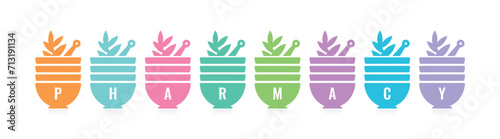 colored nine mortars and pharmacy. pharmacy concept