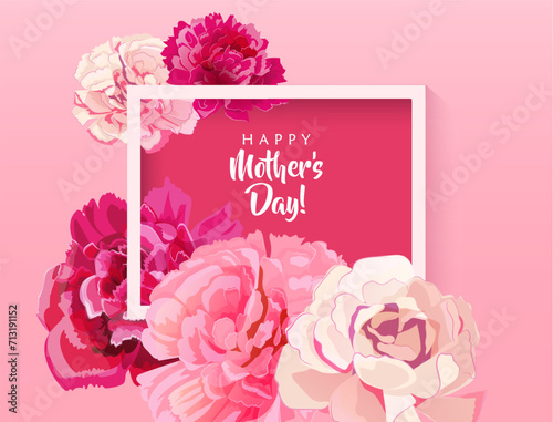 Rectangular congratulations card for Mother's Day. Angular frame with pink, red, white carnation flowers on bright background. Template for mother greeting. Realistic illustration in watercolor style