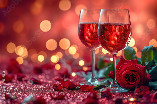 two red wine glasses on a red background, in the style of bokeh panorama, love and romance, Valentine's Day
