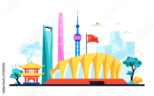Shanghai public buildings - modern colored vector illustration with Oriental Sports Center, Pearl TV and Jin Mao Tower and world financial heart. Panorama of the street with iconic places idea