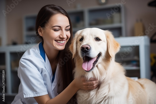 Happy veterinarian in uniform with retriever