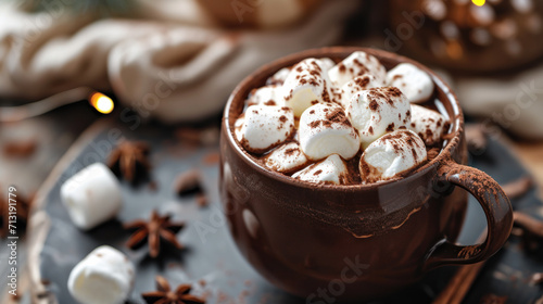 Hot cocoa or chocolate with marshmallows on a wooden stand surrounded by spices and marshmallows. The concept of drinks and comfort.