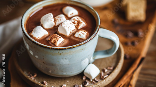 Hot cocoa or chocolate with marshmallows on a wooden stand surrounded by spices and marshmallows. The concept of drinks and comfort.