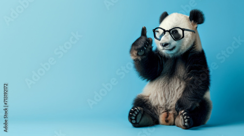 A panda with glasses on a coloured background sits and points his finger upwards © Alina Zavhorodnii