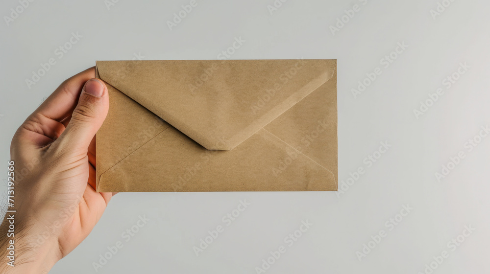 Fototapeta premium Close-up of a man's hand holding a brown envelope on a light background. Mail, gift, bribe.