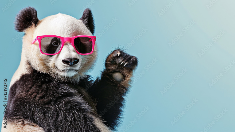 A panda with glasses on a coloured background sits and points his finger upwards A panda with glasses on a coloured background sits and points his finger upwards