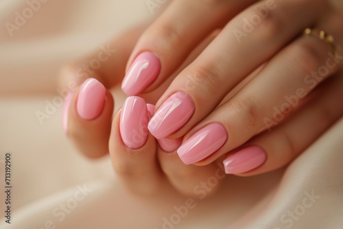 A detailed close-up of a person s hand with a beautifully manicured pink nail polish. Perfect for beauty and fashion related projects
