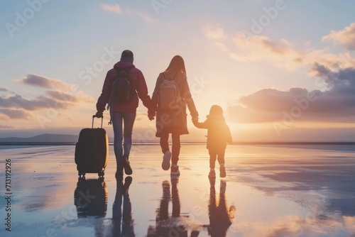 Family going to the new horizon at sunset