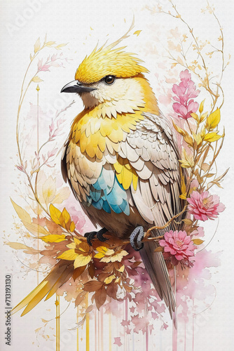 birds with flowers  in watercolor style  beautiful colorful portrait for poster  postcards  kitchen  room  pink and yellow colors  Generative AI