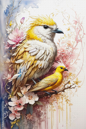 birds with flowers, in watercolor style, pink and yellow colors, beautiful colorful portrait for poster, postcards, kitchen, room, pink and yellow, Generative AI