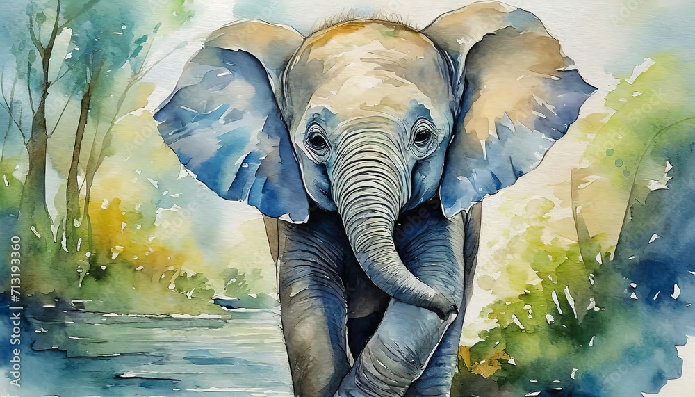 The watercolor of the baby elephant at the jungle.