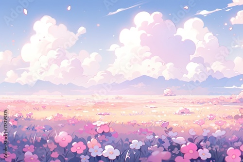 pink field background in pixel art style.