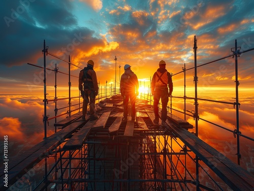 In the ongoing journey of construction, envision a moment where several workers, amidst the clatter, collaborate to set up scaffolding at the construction site, adding a significant chapter to their photo