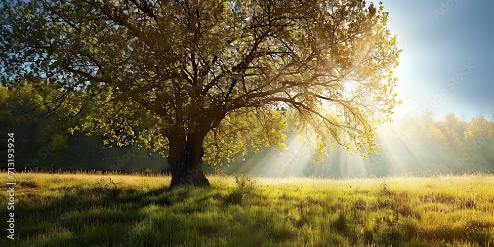 Lone oak tree standing tall in sunlit meadow nature landscape with green grass under summer sky beautiful sunrise countryside park outdoor environment single large tree with fresh organic in field Lone oak tree standing tall in sunlit meadow nature landscape with green grass under summer sky beautiful sunrise countryside park outdoor environment single large tree with fresh organic in field