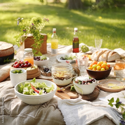 A picnic table with food and drinks on it