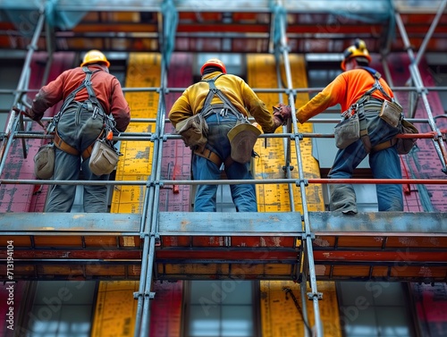In the ongoing journey of construction, envision a moment where several workers, amidst the clatter, collaborate to set up scaffolding at the construction site, adding a significant chapter to their d