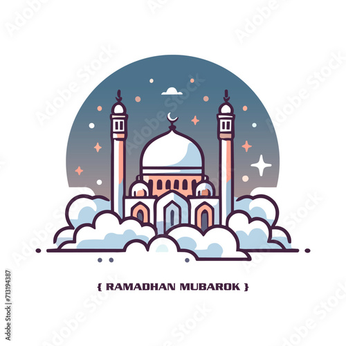 a mosque surrounded by clouds and a crescent moon in the sky. The mosque is in a traditional Islamic style, with a large dome, two minarets, and pointed arches. 