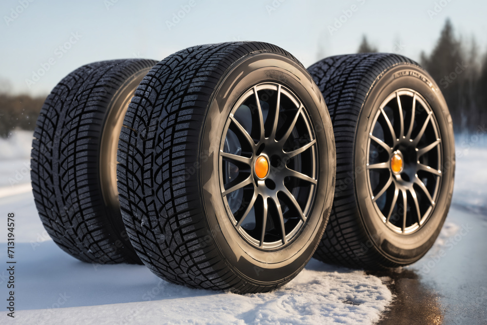 a car wheels on the background of a winter snow-covered forest, beautiful landscape, a concept of traffic safety on a slippery road