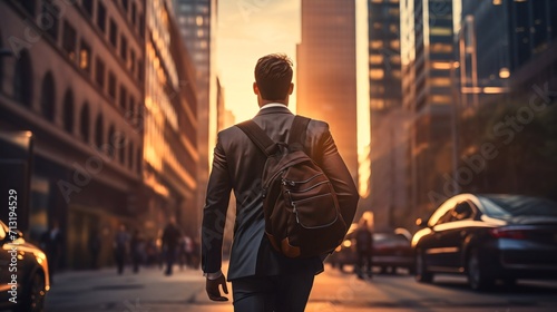 Rearview photography of a young businessman wearing an elegant suit and a backpack walking through a city or downtown street traffic at the sunset or dusk over the tall buildings