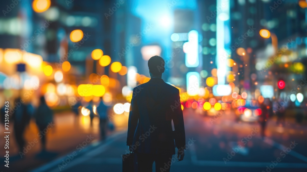 A businessman walk on road through blurred people and city and town