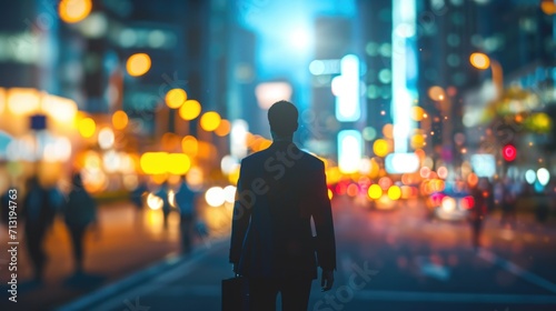 A businessman walk on road through blurred people and city and town