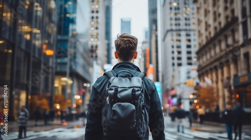 Rearview photography of a young man wearing a backpack walking through a city or downtown street traffic at daytime, tall buildings or skyscrapers and towers, people blurred