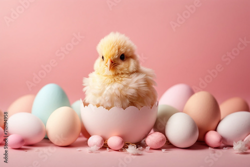 easter chicken with easter eggs	