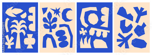 Set of abstract modern minimalist blue compositions with irregular geometric shapes. Flat vector illustrations isolated. Naive organic doodle elements collection. Contemporary wall arts.