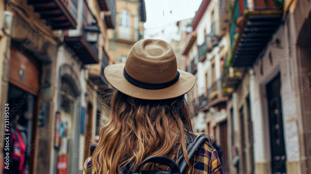 Traveler with Sun Hat Exploring Quaint European Street.A traveler adorned with a stylish sun hat strolls through a charming, narrow European street, surrounded by vibrant flowers and historic architec