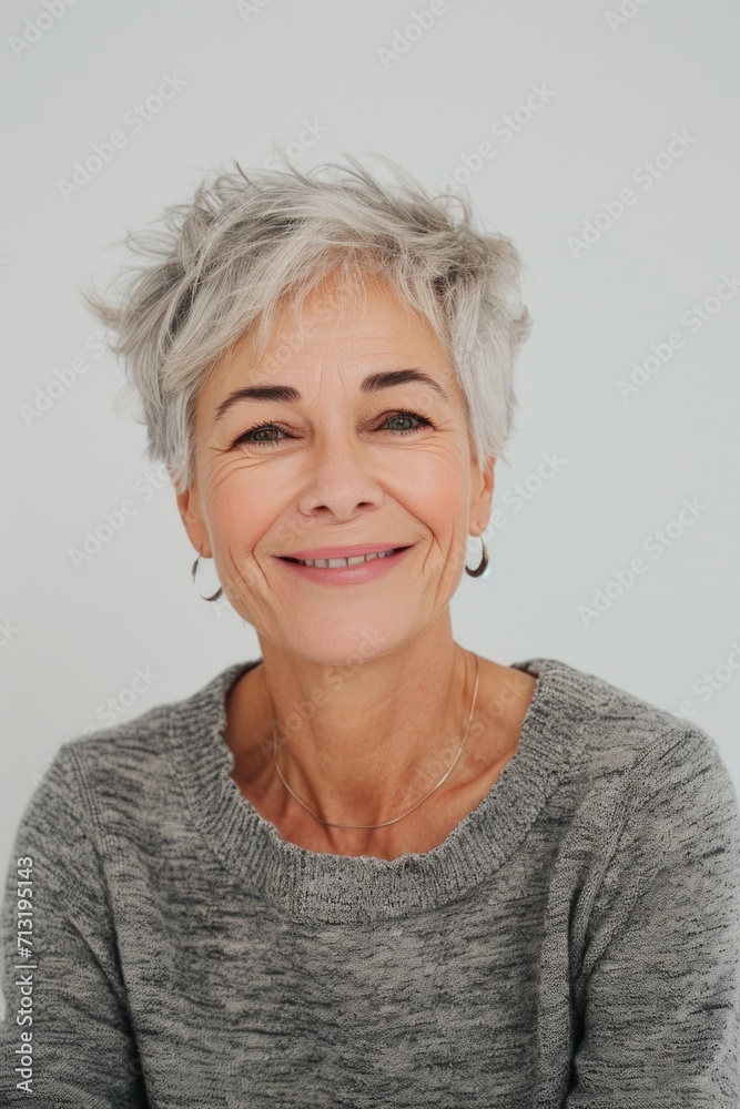A woman with grey hair smiling at the camera. Perfect for various uses A woman with grey hair smiling at the camera. Perfect for various uses