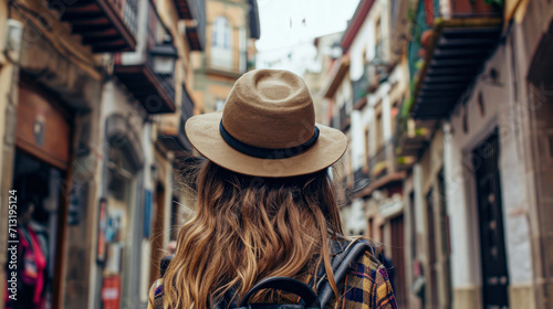 Traveler with Sun Hat Exploring Quaint European Street.A traveler adorned with a stylish sun hat strolls through a charming, narrow European street, surrounded by vibrant flowers and historic architec