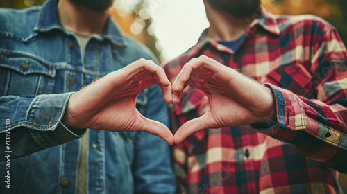 Young loving couple at home making heart shape with hands photo