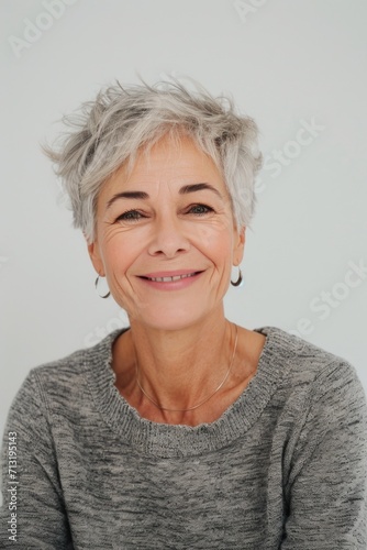 A woman with grey hair smiling at the camera. Perfect for various uses