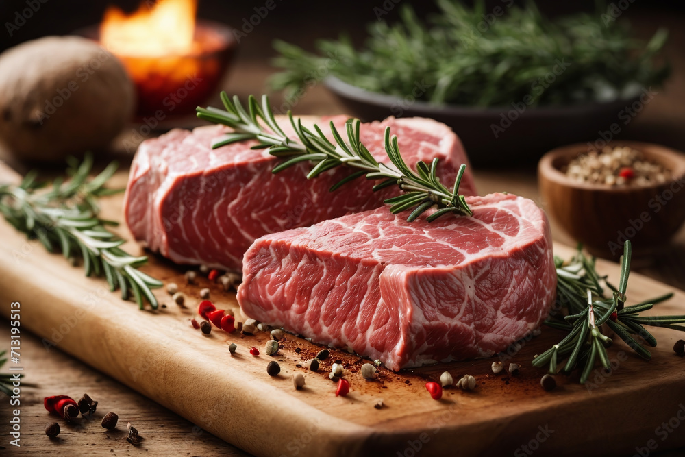 raw steak with rosemary in the kitchen