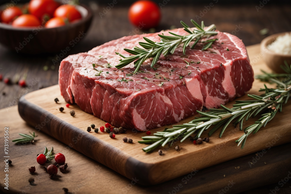 raw steak with rosemary in the kitchen