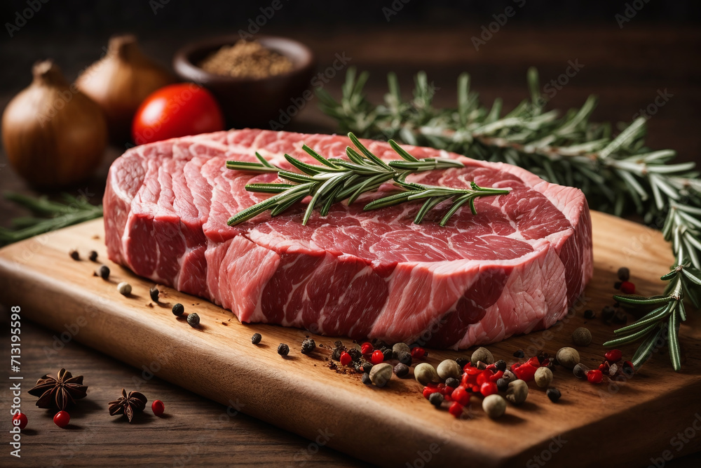 raw steak with rosemary in the kitchen