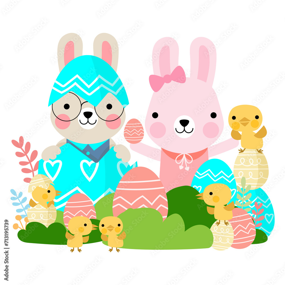 Naklejka premium Easter bunny rabbits with baby chicks and Easter eggs, Welcome spring season,