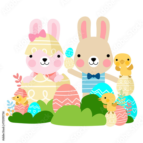 Easter bunny rabbits with baby chicks and Easter eggs  Welcome spring season 