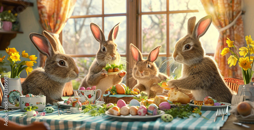 Cute bunnies celebrate Easter in a cozy house