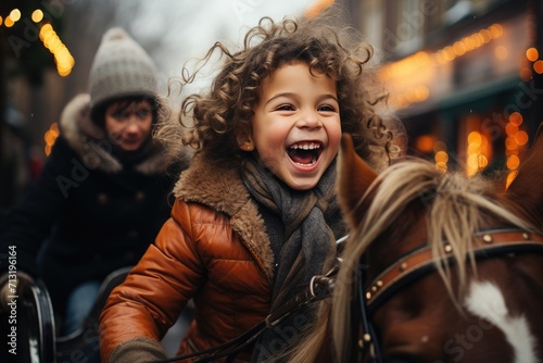 A joyful woman smiles as she watches a child, dressed in a jacket, confidently ride a horse down a busy street, their human faces beaming with pure happiness