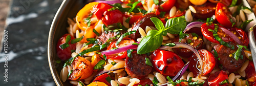 Roasted pepper and chorizo orzo salad includes red peppers, red onion, chorizo, cherry tomatoes, and orzo pasta. photo