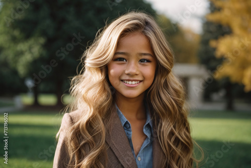 portrait of a young woman in the city park, blond hair